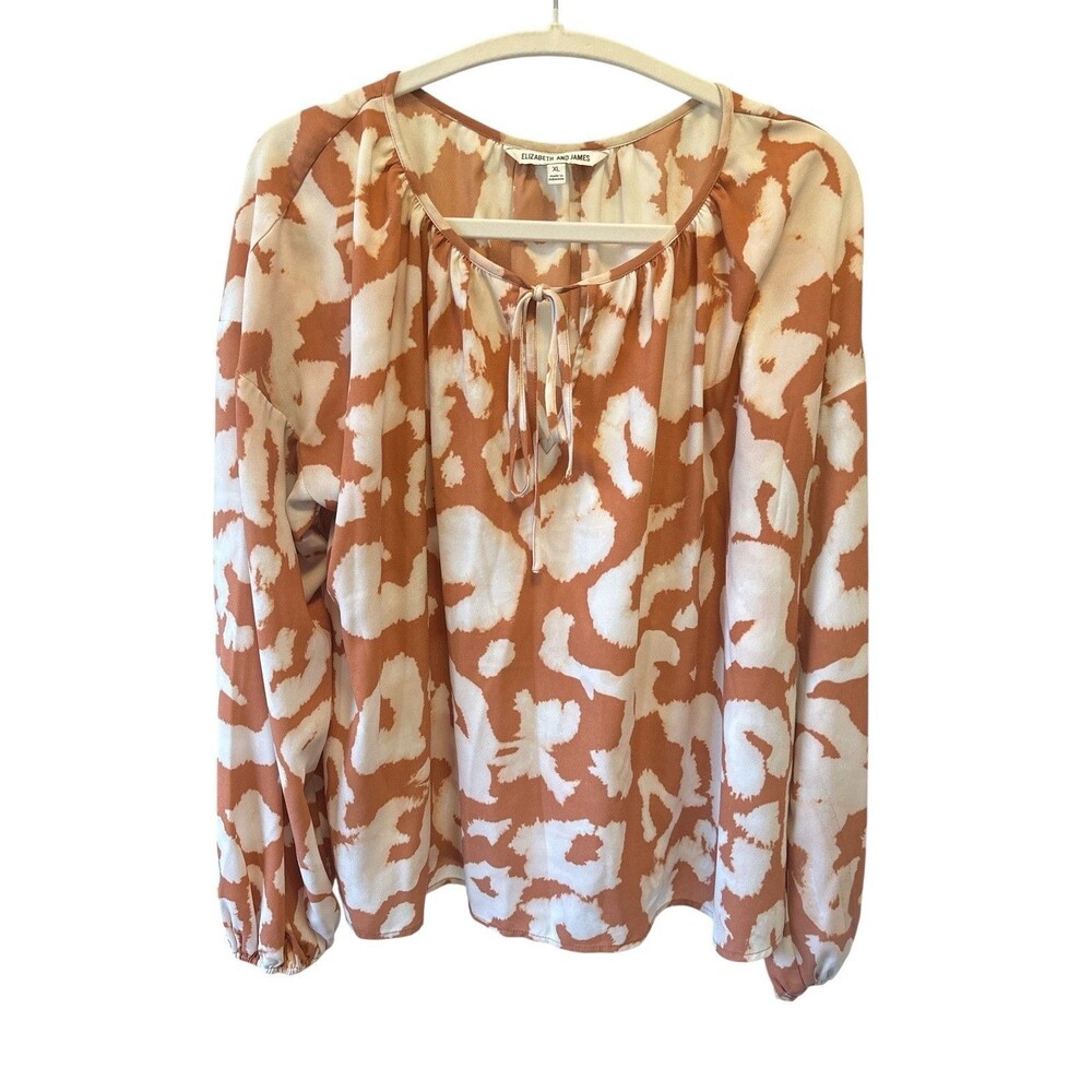 Elizabeth and James Blouse XL Orange Cream Abstract Animal Print Long Sleeve Tie - Picture 2 of 8